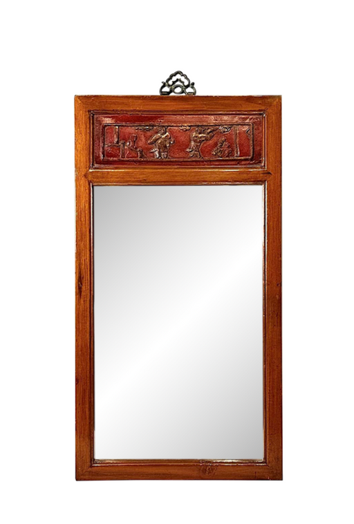 Antique Chinese Pine Wall Mirror With 19th. Century Carved Red Gold Inset Lacquered Panel