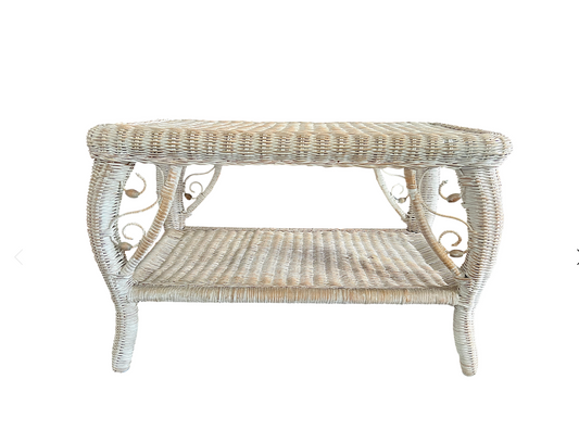 Vintage Distressed White Beige Wicker Rectangular Side or Occasional Table, Heywood Wakefield Style