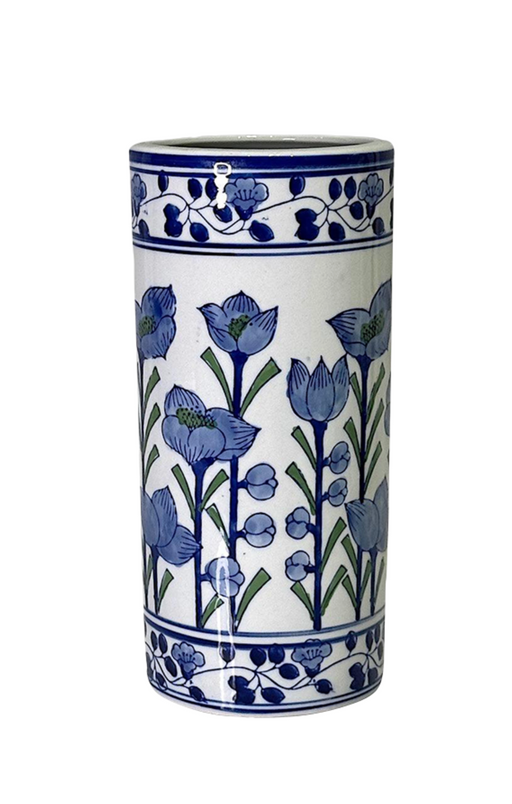 Vintage Chinese Blue and White Porcelain "Hat Stand" Vase with Iris Flowers