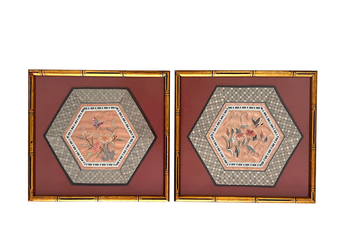 Vintage Chinese Silk Picture Panels with Flowers & Butterfllies, Framed in Gold Bamboo, A Pair
