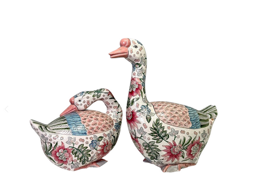 Vintage Chinese Export White Porcelain Geese, a Pair, Famille Rose Palette