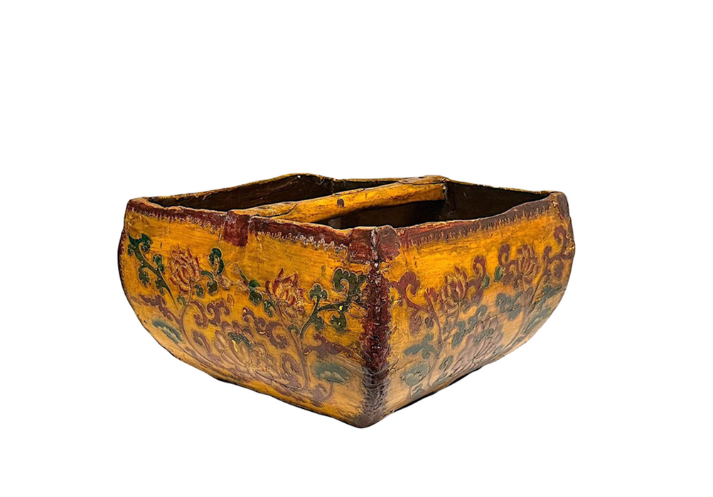 Antique Chinese Qing Dynasty Rustic Wood Rice Container, Orange Amber, Red and Green Polychrome Flowers