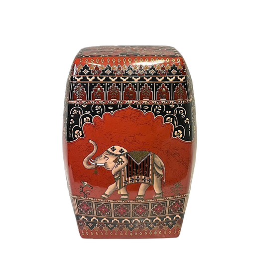Vintage Chinese Garden Stool Hand Painted Enamel Design Over Red Glaze with Blanketed Elephants