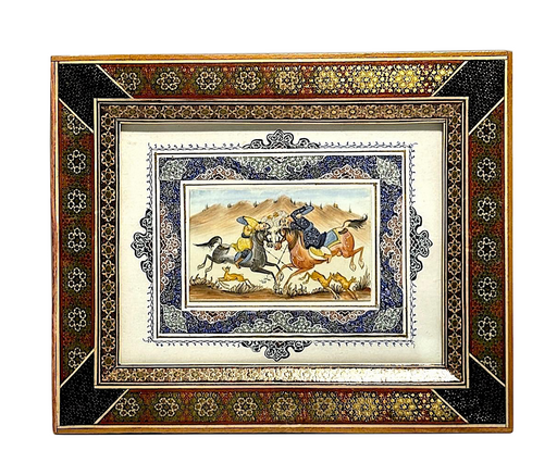 Vintage Persian MiniVintage Persian Miniature Painting on Bone 'Courting Couple on Horseback', Exquisite Mosaic Frame