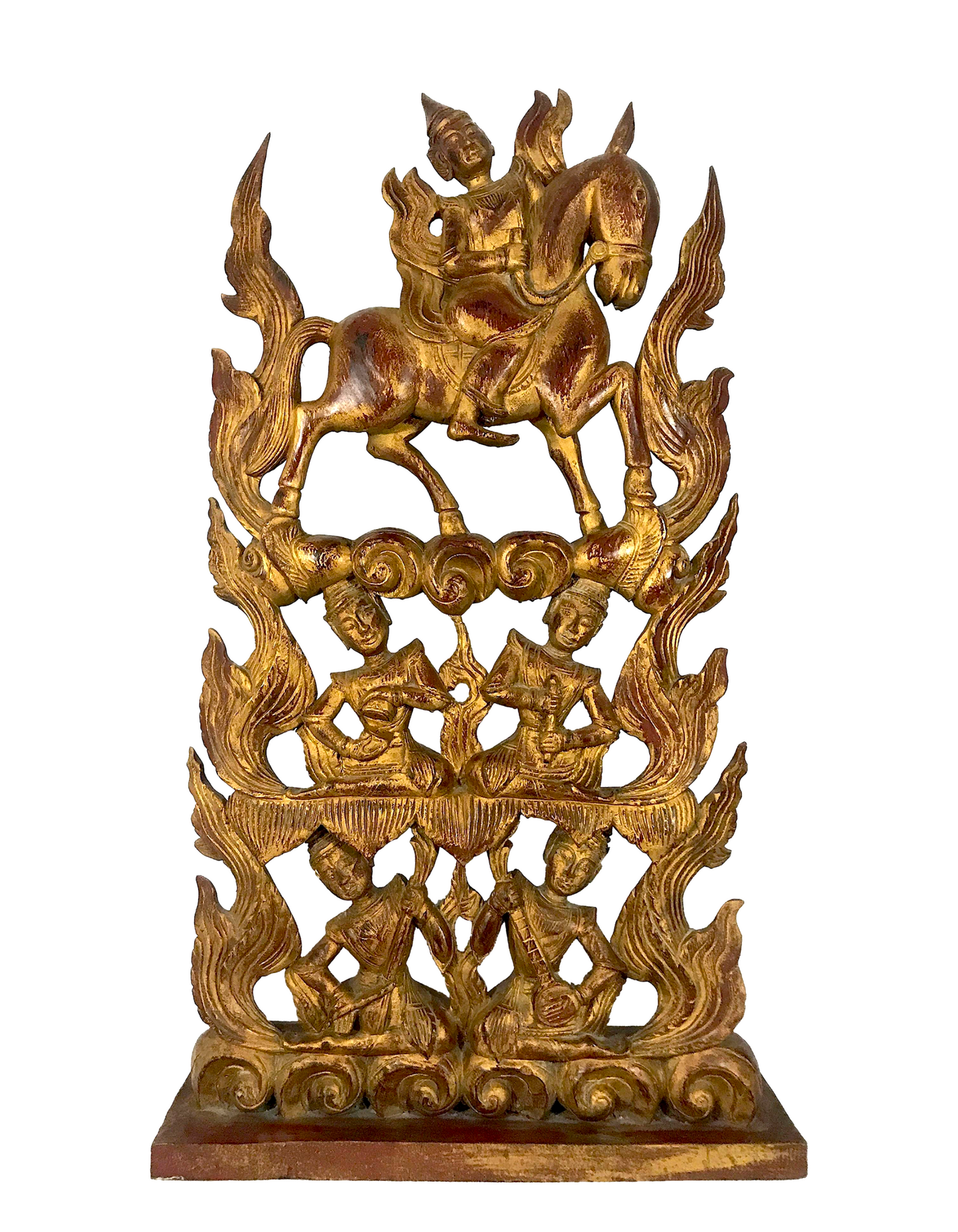 The Aspara & Musicians, Large Thai Red Gold Kranock Hand Carved Wooden Sculpture