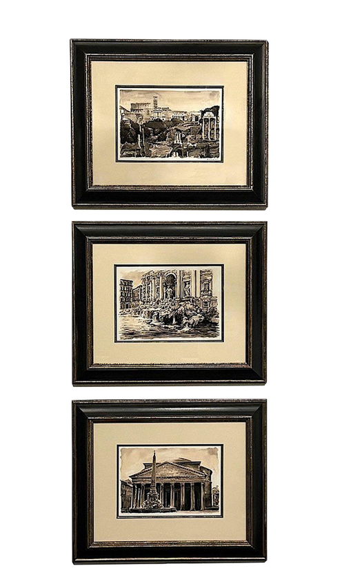 Classical Roman / Famous Italian Scenes, Original Sepia Paintings, Set of 3, Framed