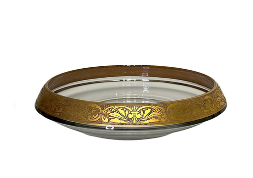 Elegant Bohemian Glass Centerpiece or Serving/Fruit Bowl With Gold Rim in Manner of Moser