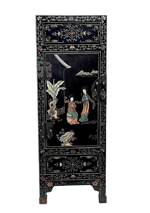 Vintage Chinese Black Lacquer Cabinet or Pedestal With Polychromed Garden Scenes & BluebirdsVintage Chinese Black Lacquer Cabinet or Pedestal with Carved & Polychromed Garden Scenes