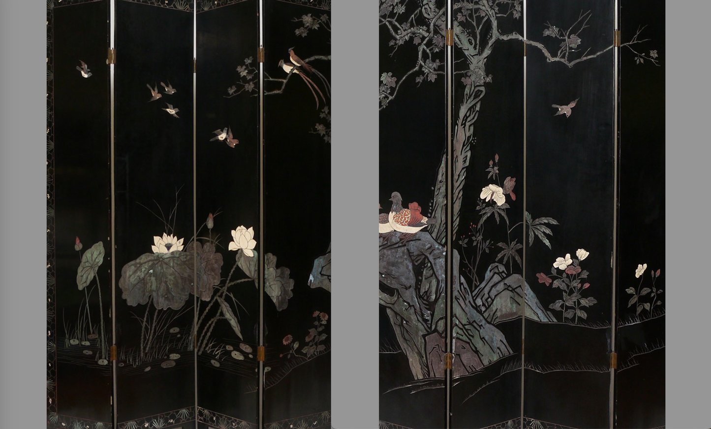 Antique Eight Panel Chinese Export Coromandel Black Lacquer Figural & Landscape Screen / Large Room Divider - The Garden Pavilion