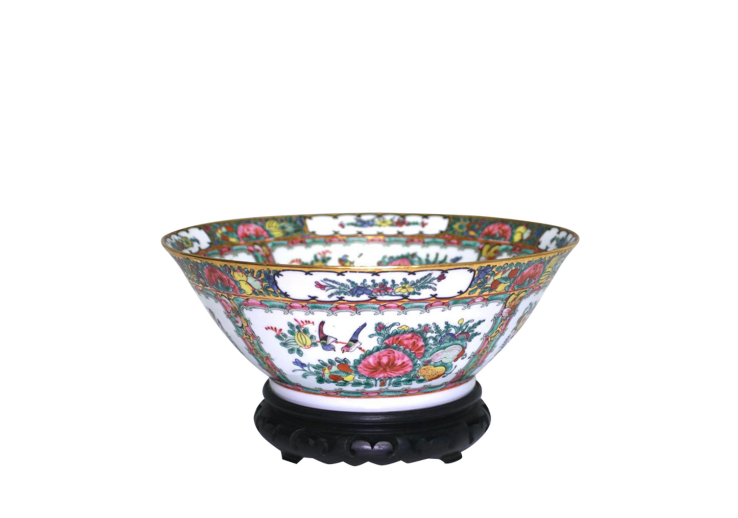 Large Rose Canton Chinese Porcelain Bowl on Rosewood Stand, Mid 20th. Century