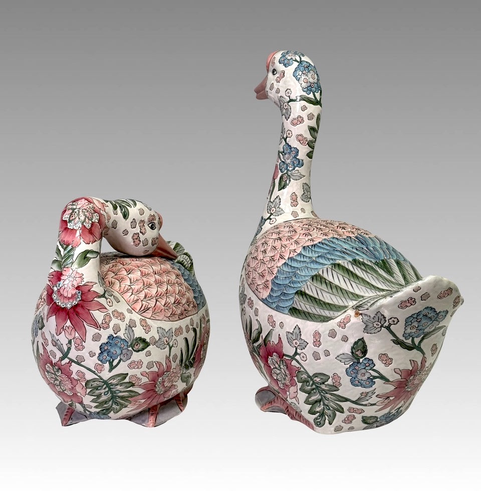 Vintage Chinese Export White Porcelain Geese, a Pair, Famille Rose Palette