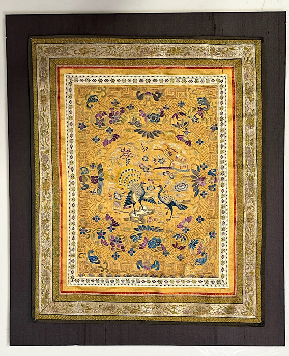 Antique Chinese Silk on Silk Hand Embroidered Gold Scenic Panel With Peacocks & Bats Early20th. Century