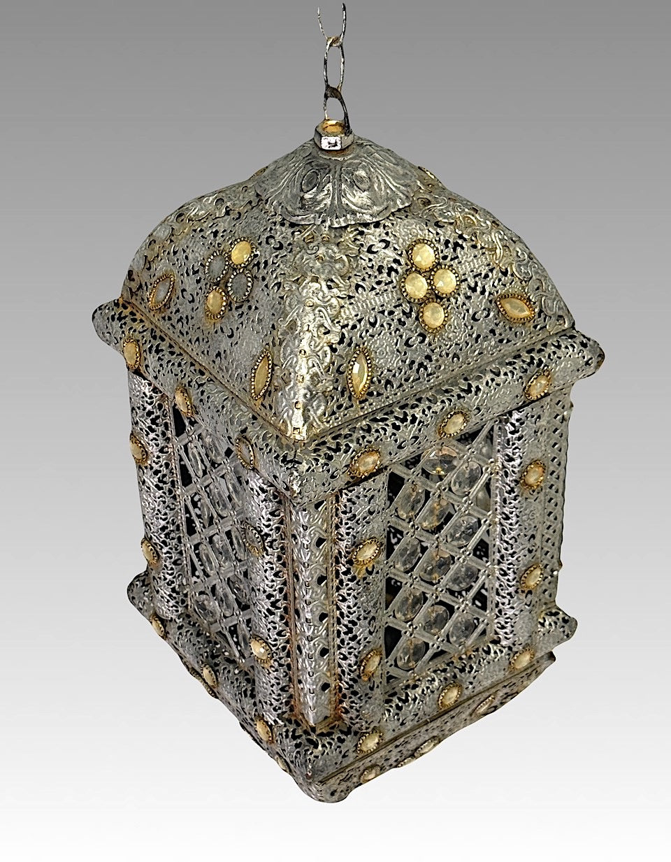 Vintage Bejeweled Moroccan Silver Hanging Lantern, Ceiling Light for Candle