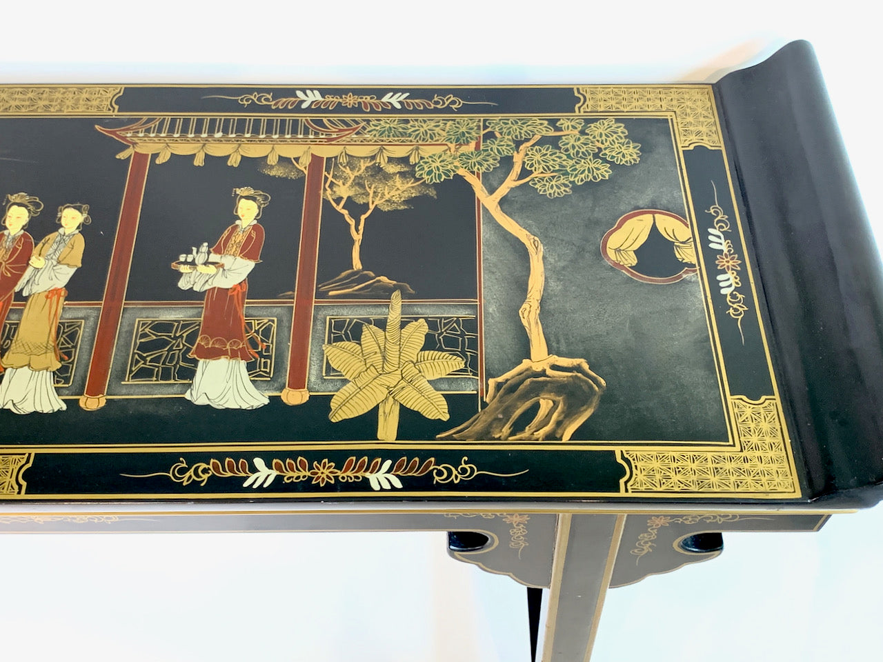 Vintage Chinese Black Lacquer Hand Painted 'Ladies in the Tea Pavillion' Altar or Console Table