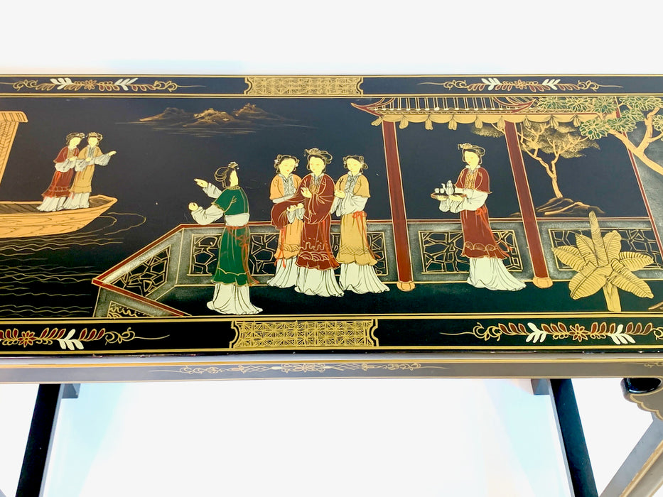 Vintage Chinese Black Lacquer Hand Painted 'Ladies in the Tea Pavillion' Altar or Console Table