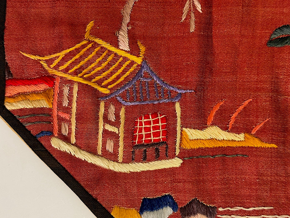 Antique Chinese Folk Art Octagonal Embroidered Silk Landscape on Red Silk, a Panel or Mat