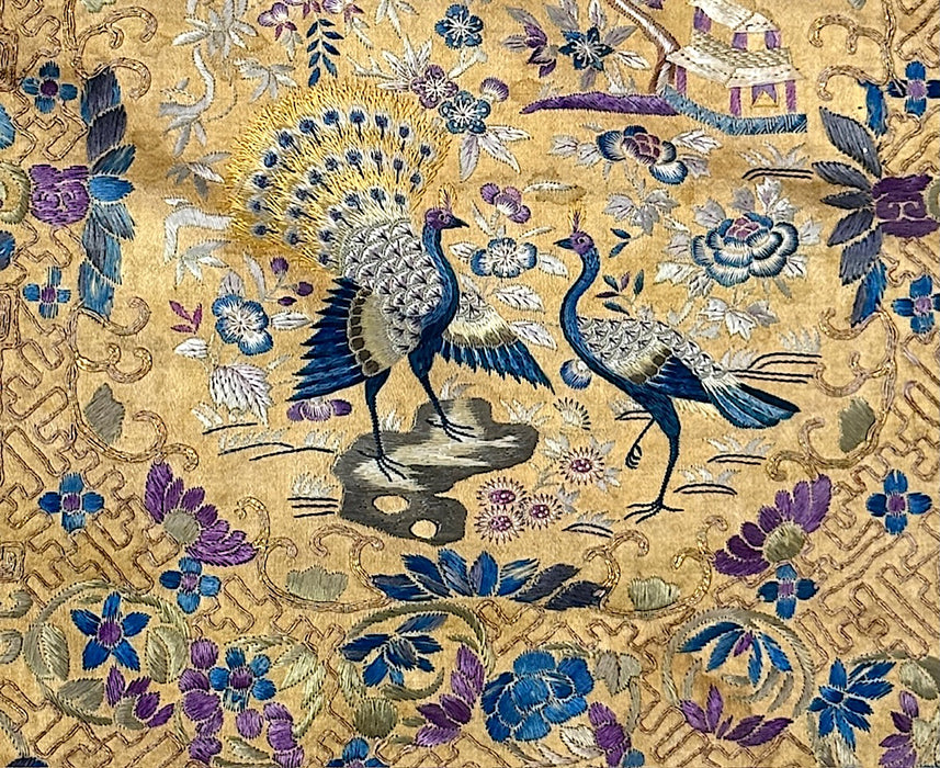 Antique Chinese Silk on Silk Hand Embroidered Gold Scenic Panel With Peacocks & Bats Early20th. Century