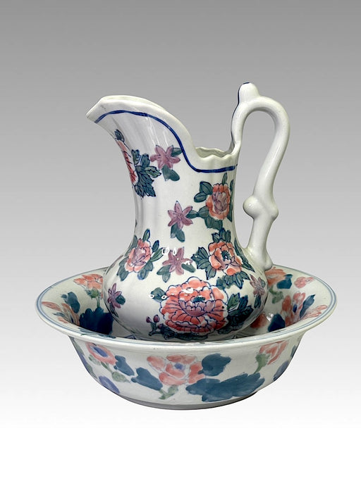 Vintage Chinese Blue & White Floral Porcelain Pitcher & Bowl Set