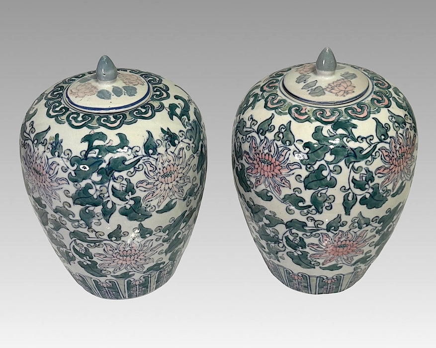 Vintage Chinese Porcelain Blue, White and Pink Ginger Jars, A Pair