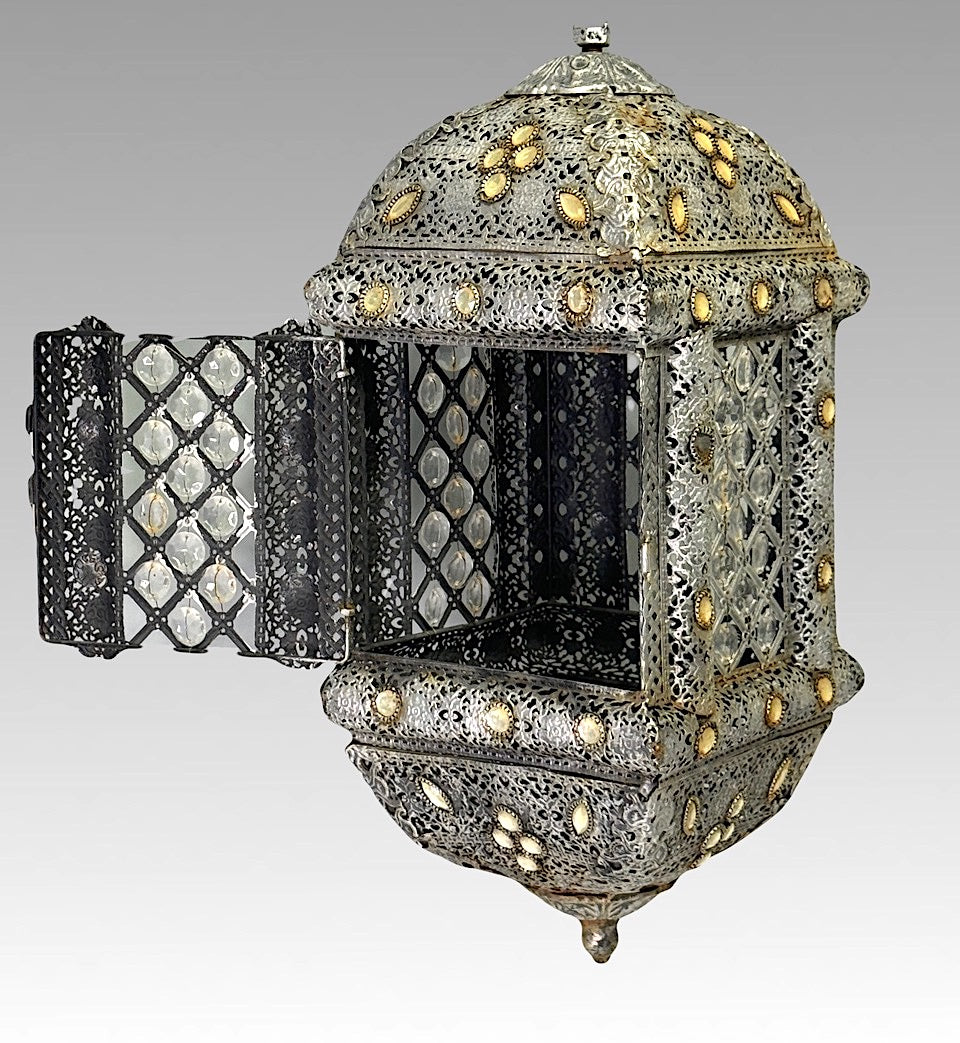 Vintage Bejeweled Moroccan Silver Hanging Lantern, Ceiling Light for Candle