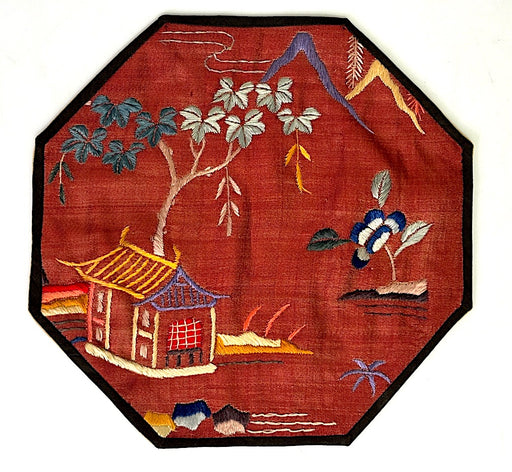 Antique Chinese Folk Art Octagonal Embroidered Silk Landscape on Red Silk, a Panel or Mat