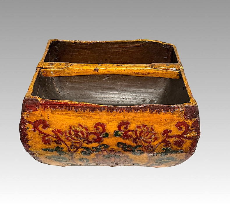 Antique Chinese Qing Dynasty Rustic Wood Rice Container, Orange Amber, Red and Green Polychrome Flowers