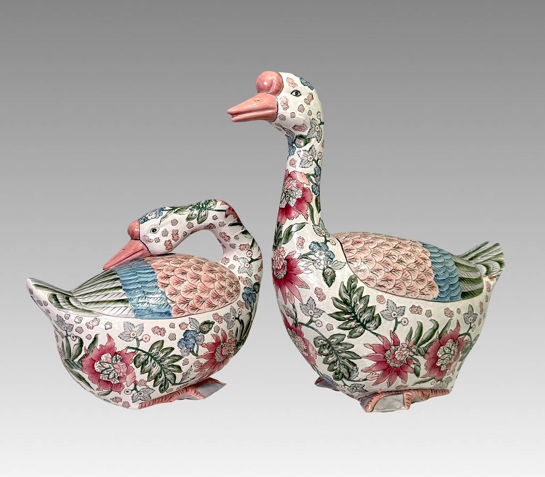 Vintage Chinese Export White Porcelain Geese, a Pair, Famille Rose Palette