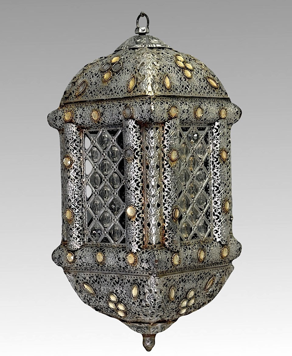 Vintage Bejeweled Moroccan Silver Hanging Lantern, Ceiling Light for Candle