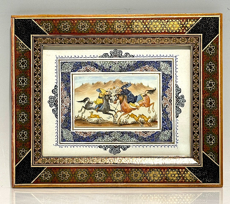 Vintage Persian MiniVintage Persian Miniature Painting on Bone 'Courting Couple on Horseback', Exquisite Mosaic Frame