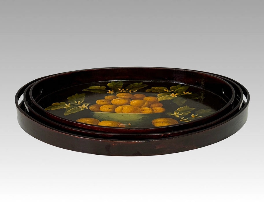 Vintage Hand Painted Graduated Chinese Black Lacquer Round Trays with Golden Orange Fruits, Set of 3