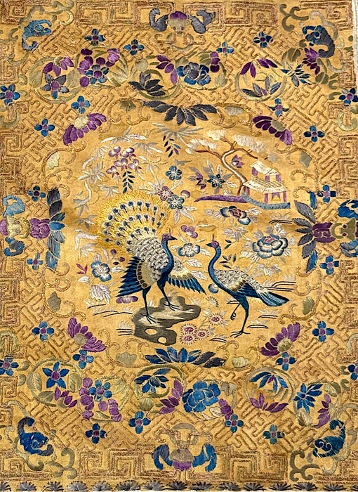 Antique Chinese Silk on Silk Hand Embroidered Gold Scenic Panel With Peacocks & Bats Early20th. Century