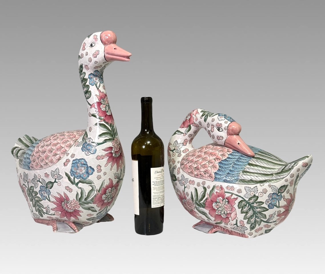 Vintage Chinese Export White Porcelain Geese, a Pair, Famille Rose Palette