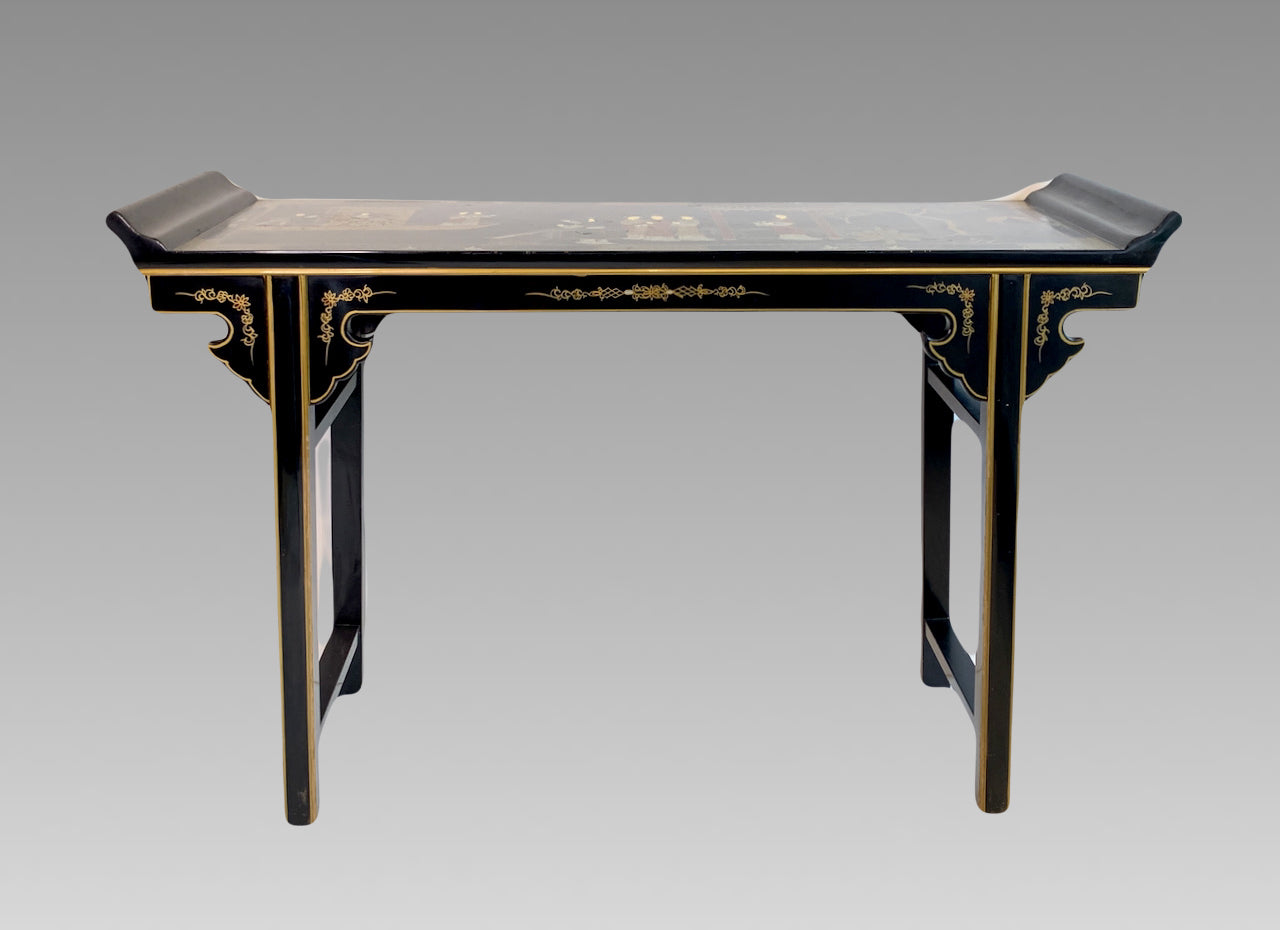 Vintage Chinese Black Lacquer Hand Painted 'Ladies in the Tea Pavillion' Altar or Console Table