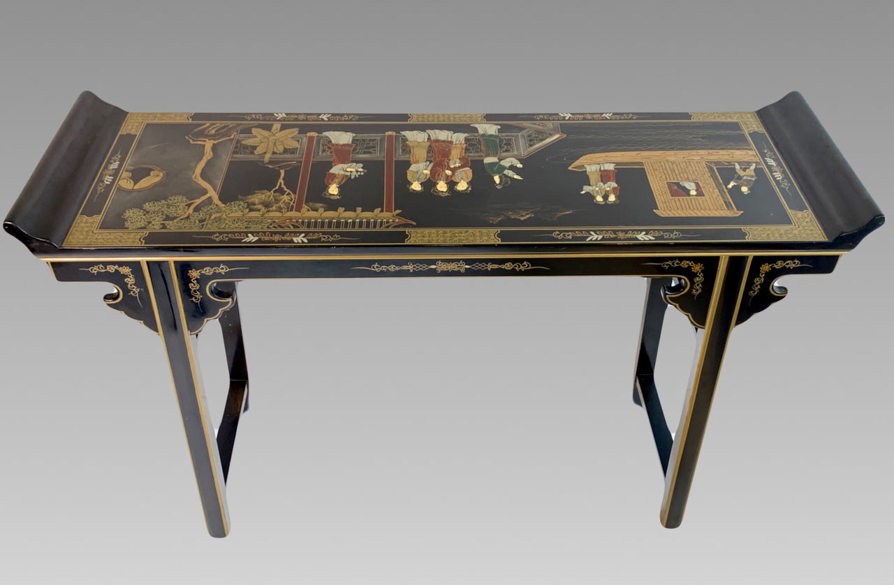 Vintage Chinese Black Lacquer Hand Painted 'Ladies in the Tea Pavillion' Altar or Console Table