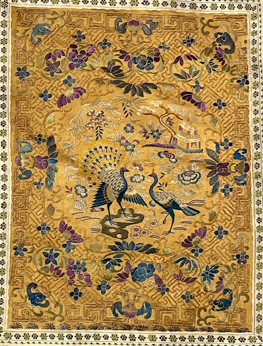 Antique Chinese Silk on Silk Hand Embroidered Gold Scenic Panel With Peacocks & Bats Early20th. Century