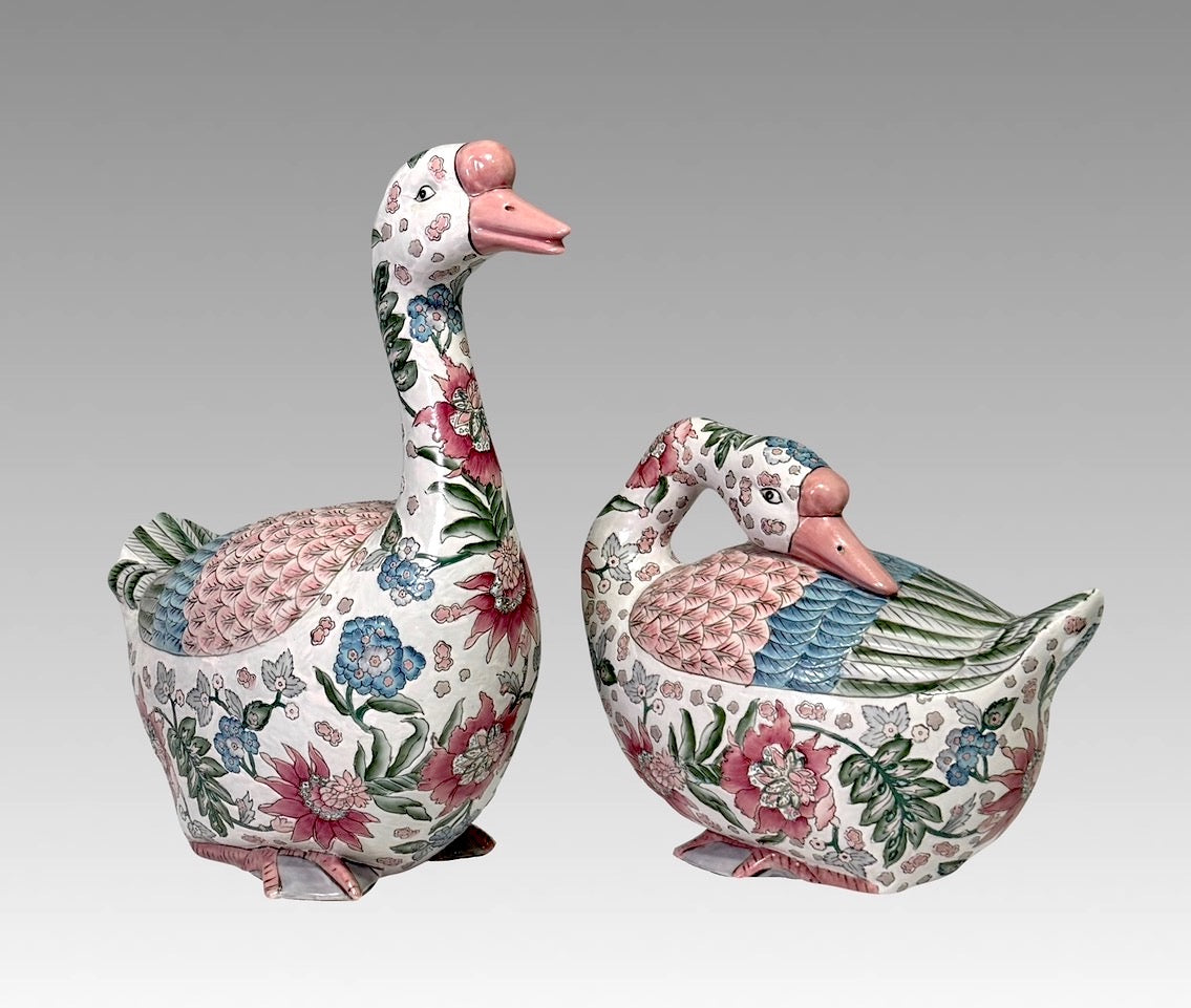 Vintage Chinese Export White Porcelain Geese, a Pair, Famille Rose Palette