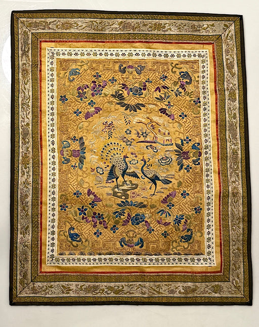 Antique Chinese Silk on Silk Hand Embroidered Gold Scenic Panel With Peacocks & Bats Early20th. Century