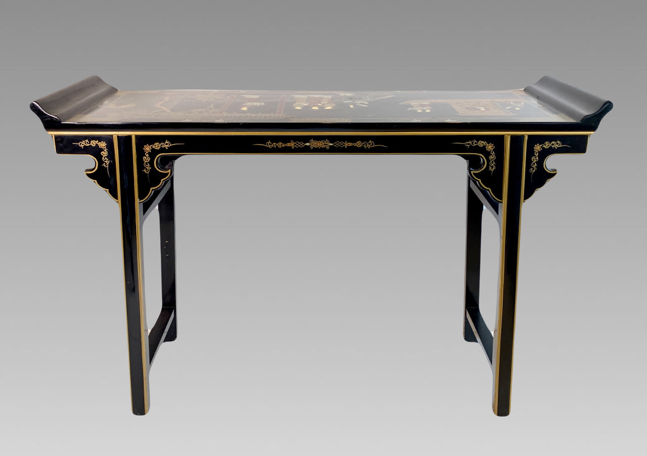 Vintage Chinese Black Lacquer Hand Painted 'Ladies in the Tea Pavillion' Altar or Console Table