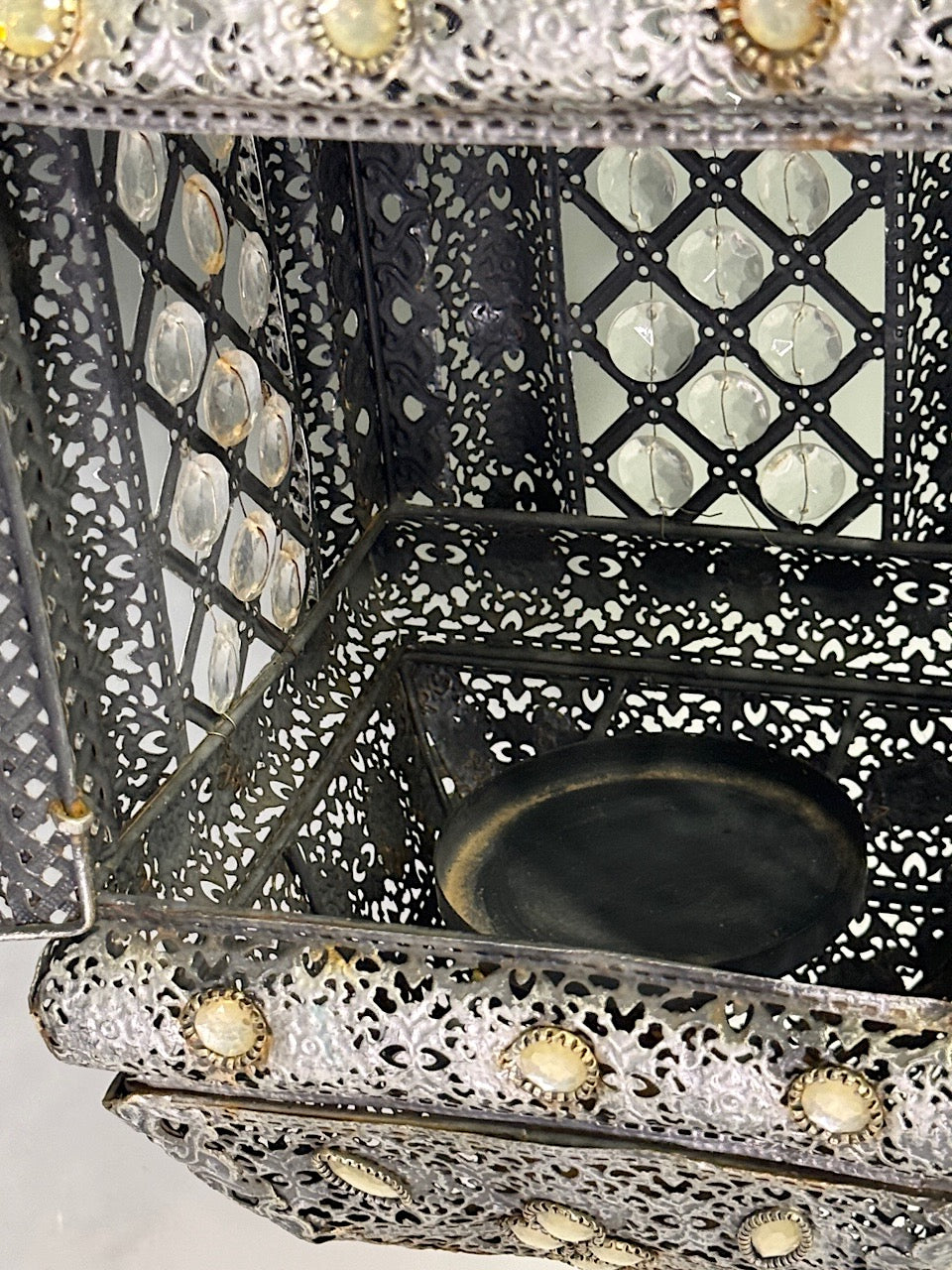 Vintage Bejeweled Moroccan Silver Hanging Lantern, Ceiling Light for Candle