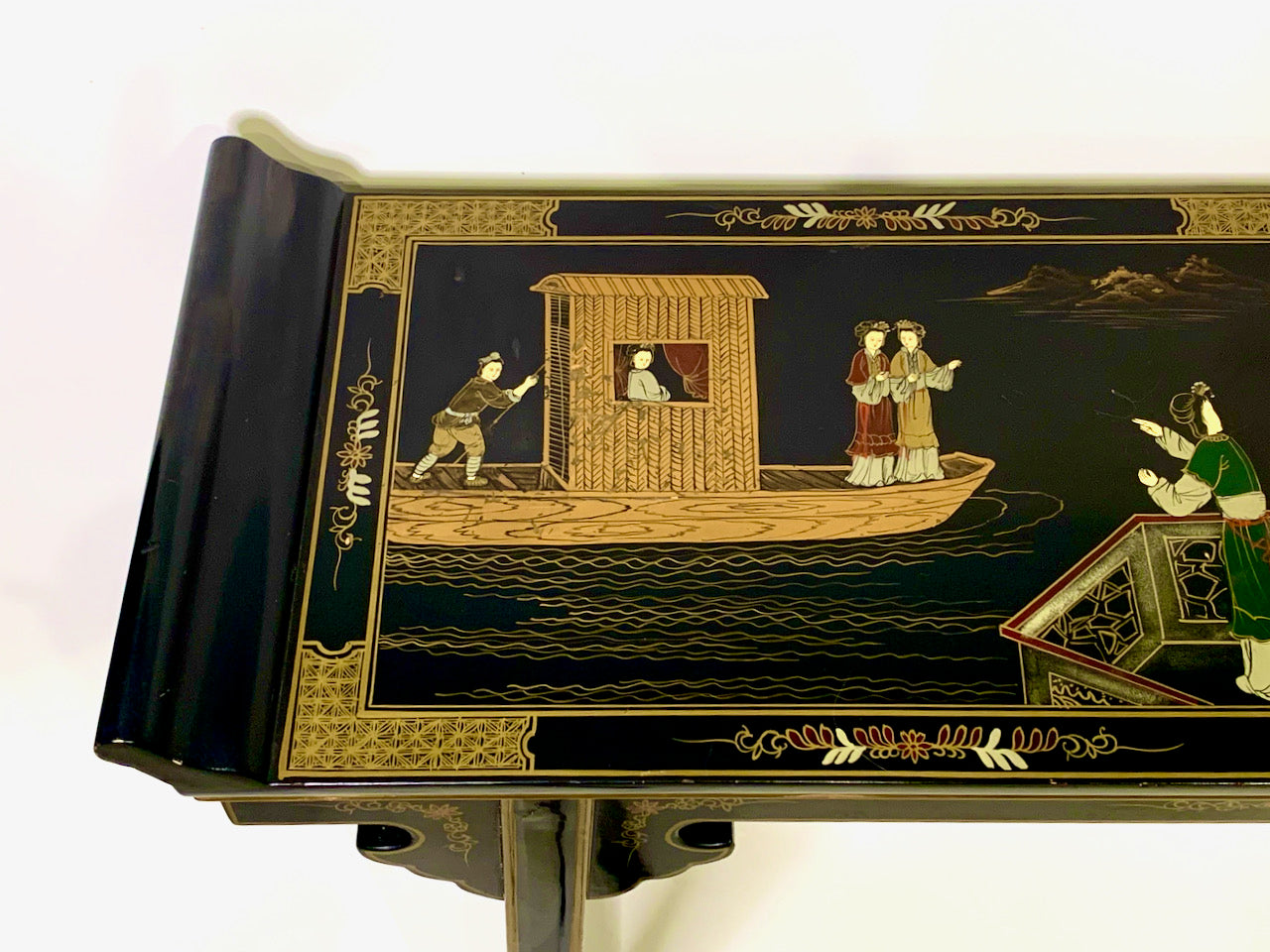 Vintage Chinese Black Lacquer Hand Painted 'Ladies in the Tea Pavillion' Altar or Console Table