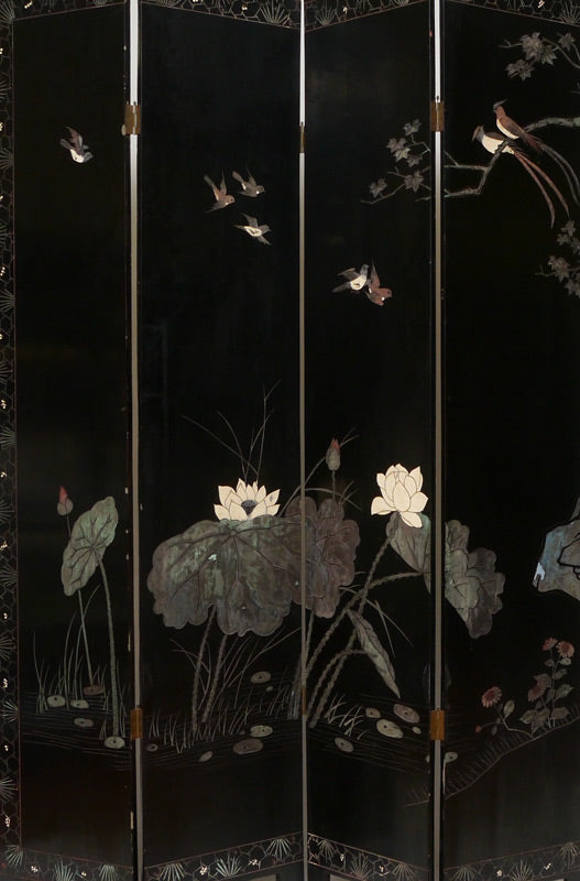 Antique Eight Panel Chinese Export Coromandel Black Lacquer Figural & Landscape Screen / Large Room Divider - The Garden Pavilion