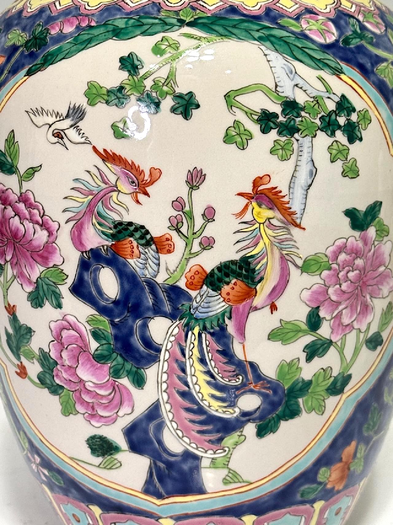 Vintage Chinese Peranakan Porcelain Ginger Jar with Exotic Birds and Colourful Flowers, Qianlong Dynasty Mark