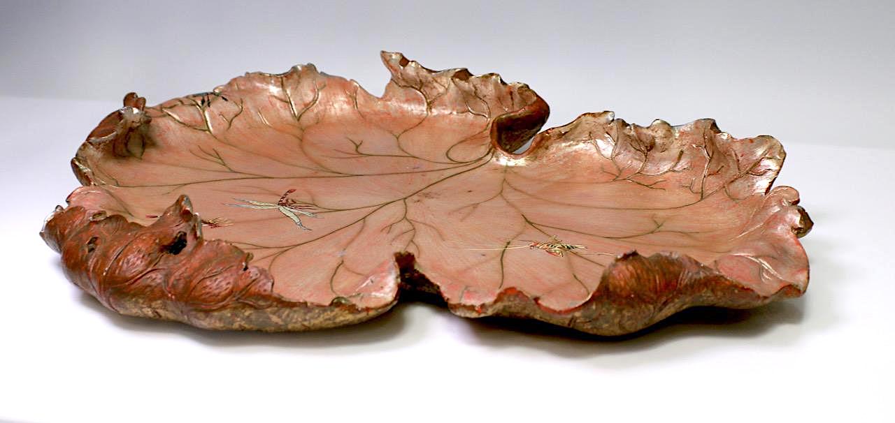 Large Italian Naturalistic Carved & Polychromed Wooden Leaf-Form Centerpiece Tray with Dragonflies and Insects