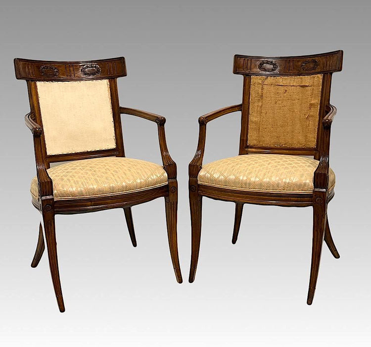 Antique Early French Directoire Carved Fruitwood Upholstered Arm Chairs, a Pair