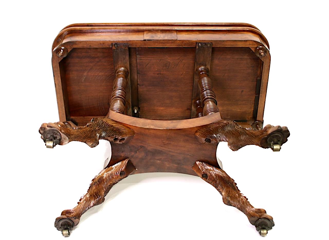 American Empire Figured Mahogany Antique Games or Console Table With Hairy Paw Feet, C 1825