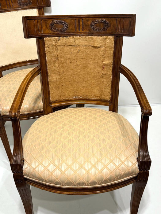 Antique Early French Directoire Carved Fruitwood Upholstered Arm Chairs, a Pair