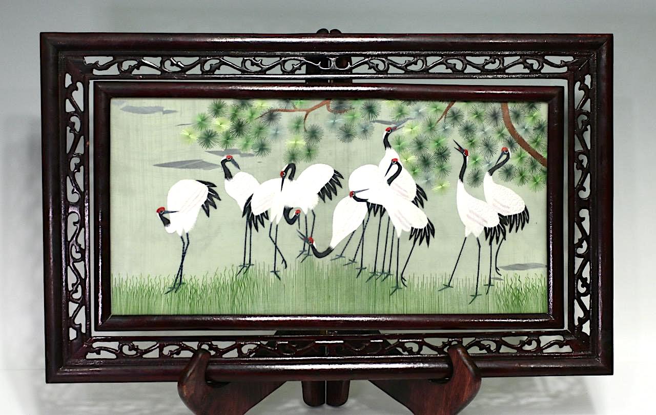 Red Crowned Cranes Under a Pine Trees, Rotating Chinese Republic Framed Silk Embroidery