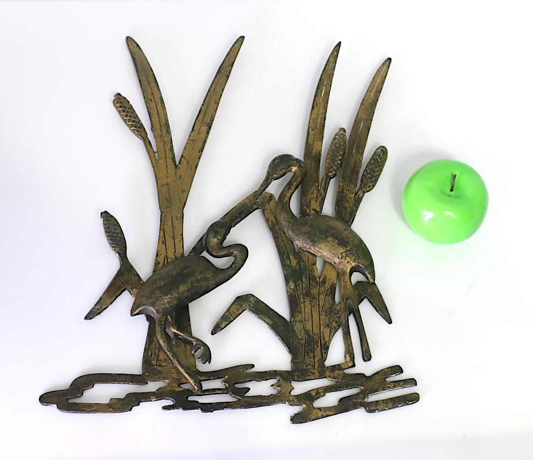 Antique Bronze Wall Sculpture in Prairie School Design - Pair of Cranes Amongst Cattails