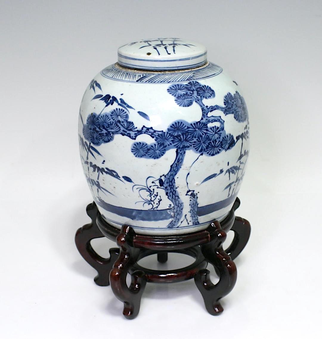 Antique Chinese Blue & White Porcelain Ginger Jar with Pine & Bamboo, on Wood Stand