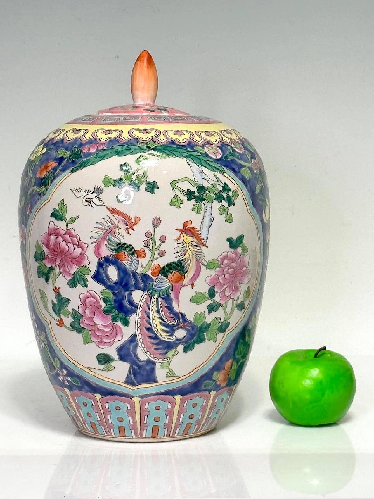 Vintage Chinese Peranakan Porcelain Ginger Jar with Exotic Birds and Colourful Flowers, Qianlong Dynasty Mark